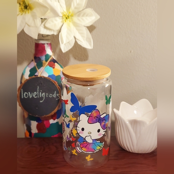 Colorful Hello Kitty Glass Tumbler Bamboo Lid Glass straw - Picture 1 of 3